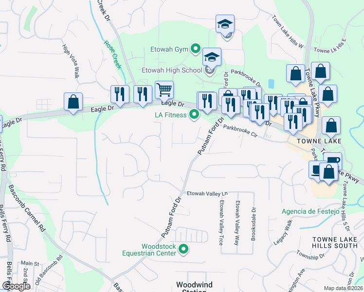 map of restaurants, bars, coffee shops, grocery stores, and more near 227 Cardinal ln in Woodstock