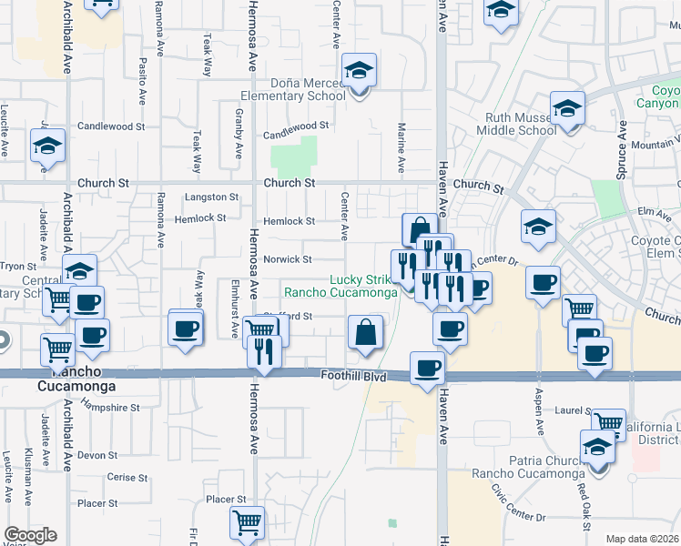 map of restaurants, bars, coffee shops, grocery stores, and more near 10288 Effen Street in Rancho Cucamonga