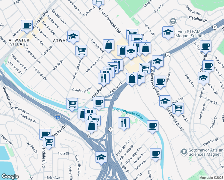 map of restaurants, bars, coffee shops, grocery stores, and more near 3037 Atwater Avenue in Los Angeles