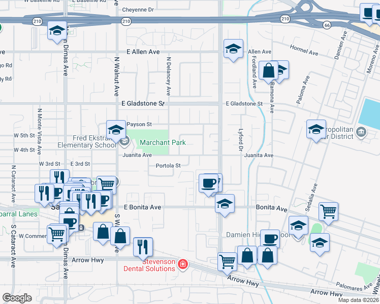 map of restaurants, bars, coffee shops, grocery stores, and more near 551 Juanita Avenue in San Dimas
