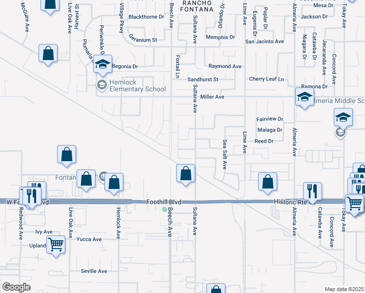 map of restaurants, bars, coffee shops, grocery stores, and more near 15340 Sugar Cane Lane in Fontana