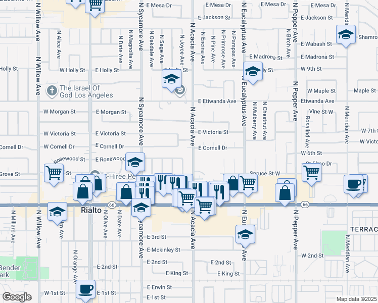 map of restaurants, bars, coffee shops, grocery stores, and more near 604 North Acacia Avenue in Rialto