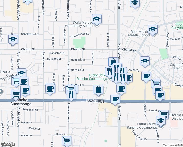 map of restaurants, bars, coffee shops, grocery stores, and more near 10288 Effen Street in Rancho Cucamonga