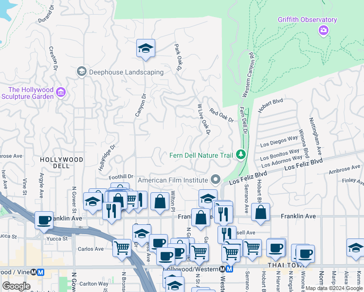 map of restaurants, bars, coffee shops, grocery stores, and more near 5649 Valley Oak Drive in Los Angeles