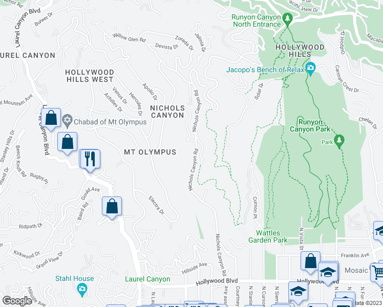 map of restaurants, bars, coffee shops, grocery stores, and more near 2145 Nichols Canyon Road in Los Angeles