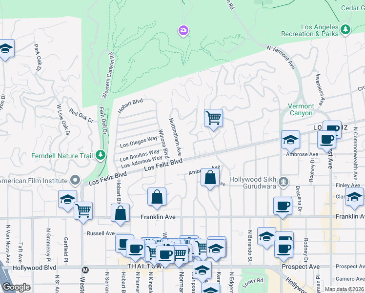 map of restaurants, bars, coffee shops, grocery stores, and more near 2230 Nottingham Avenue in Los Angeles
