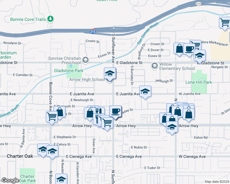 map of restaurants, bars, coffee shops, grocery stores, and more near 905 East Juanita Avenue in Glendora