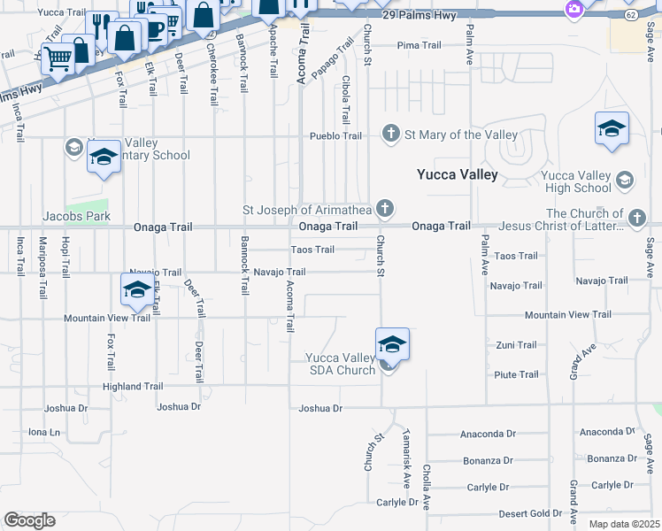 map of restaurants, bars, coffee shops, grocery stores, and more near 56146 Navajo Trail in Yucca Valley