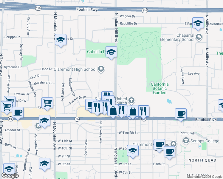 map of restaurants, bars, coffee shops, grocery stores, and more near 413 Willamette Lane in Claremont