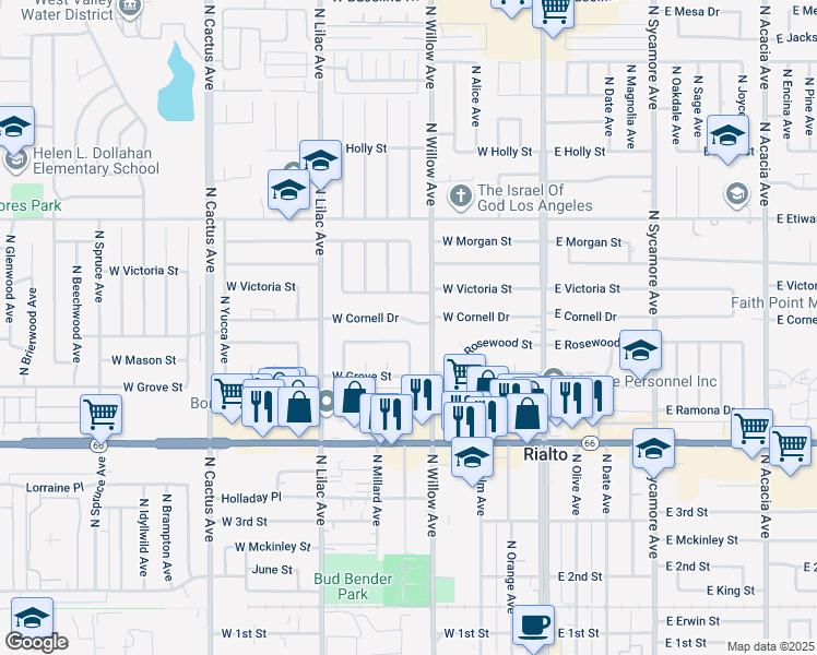 map of restaurants, bars, coffee shops, grocery stores, and more near 570 North Willow Avenue in Rialto