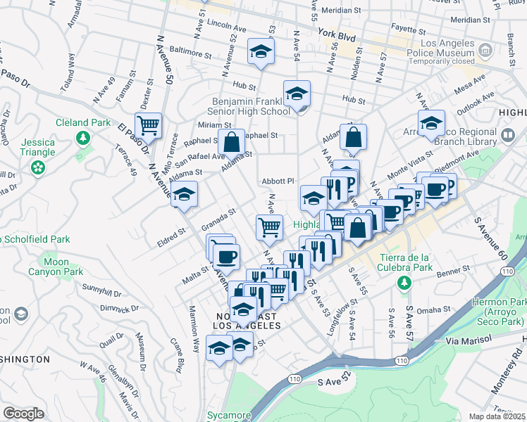 map of restaurants, bars, coffee shops, grocery stores, and more near 364 North Avenue 53 in Los Angeles