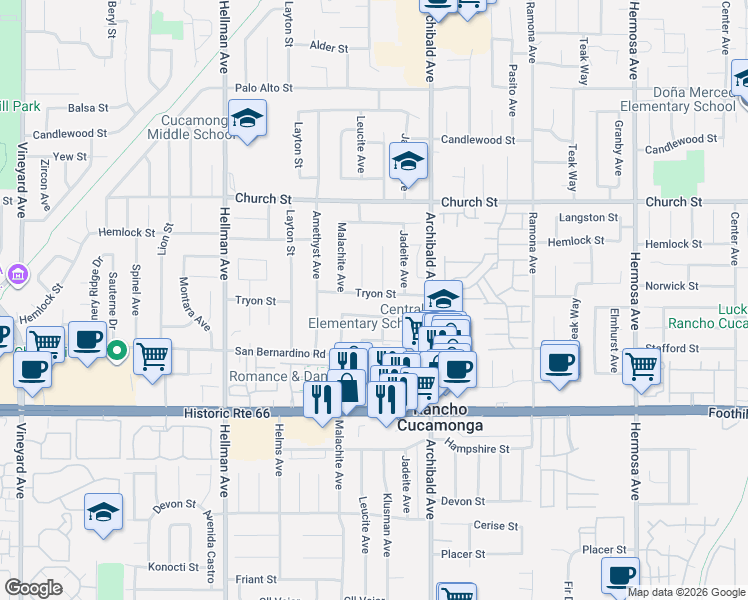 map of restaurants, bars, coffee shops, grocery stores, and more near 9581 Tryon Street in Rancho Cucamonga