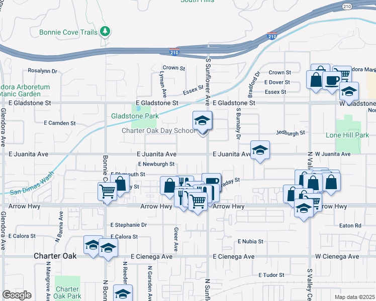 map of restaurants, bars, coffee shops, grocery stores, and more near 811 East Juanita Avenue in Glendora