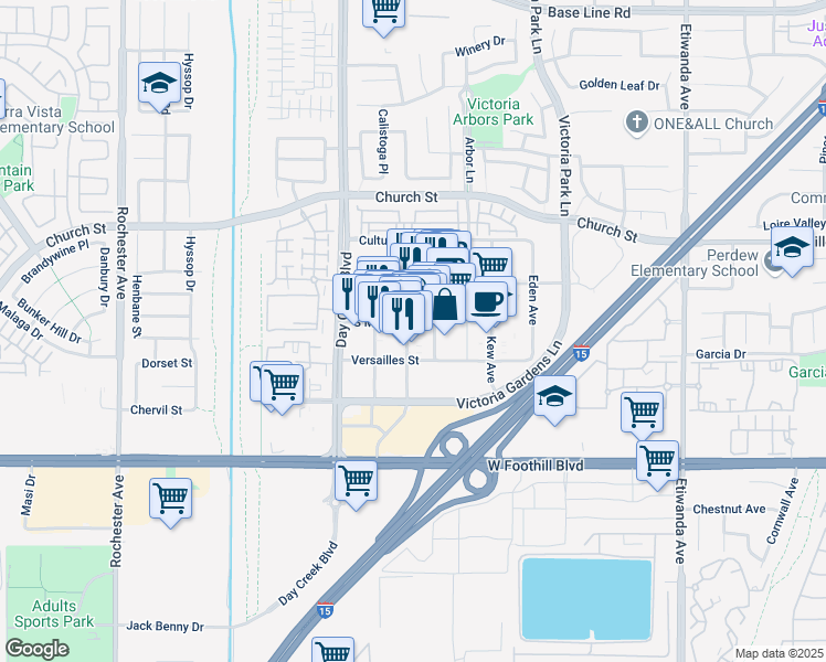 map of restaurants, bars, coffee shops, grocery stores, and more near 7893 Monet Avenue in Rancho Cucamonga