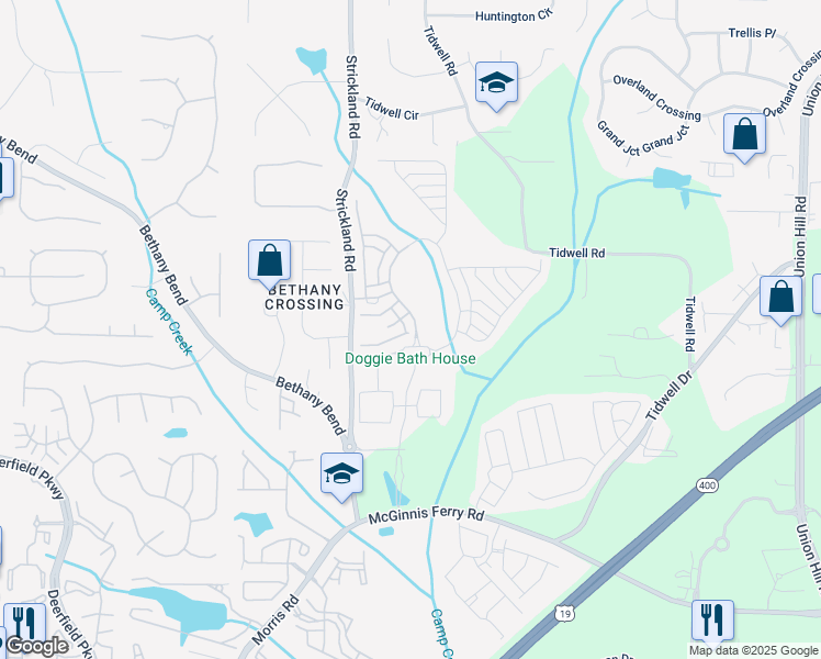 map of restaurants, bars, coffee shops, grocery stores, and more near 1030 Central Park Overlook in Alpharetta