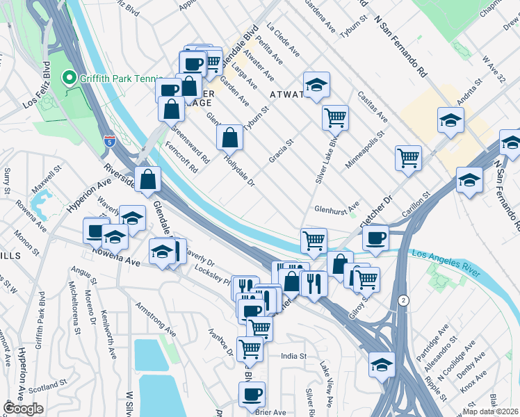 map of restaurants, bars, coffee shops, grocery stores, and more near 3010 Acresite Street in Los Angeles