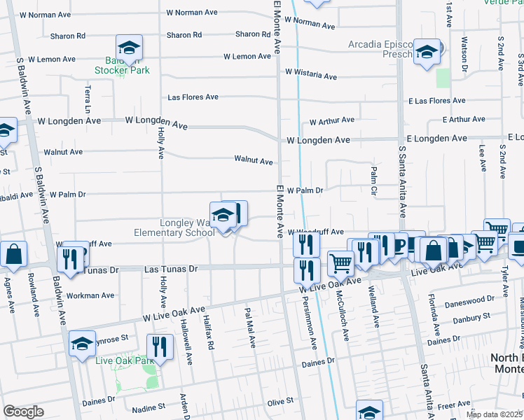 map of restaurants, bars, coffee shops, grocery stores, and more near 225 Longley Way in Arcadia