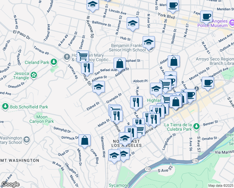 map of restaurants, bars, coffee shops, grocery stores, and more near 5125 Granada Street in Los Angeles
