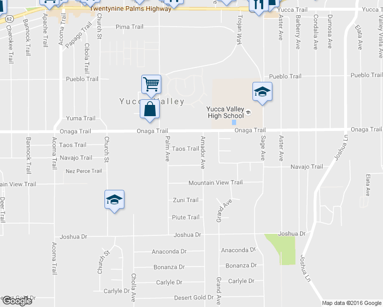 map of restaurants, bars, coffee shops, grocery stores, and more near 56625 Taos Trail in Yucca Valley