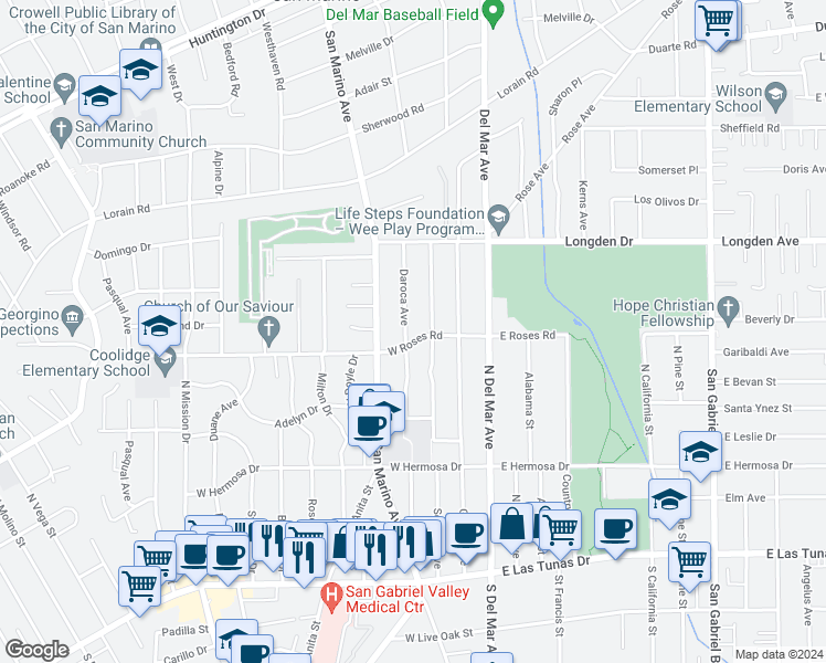 map of restaurants, bars, coffee shops, grocery stores, and more near 508 Daroca Avenue in San Gabriel