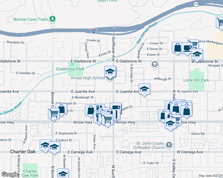 map of restaurants, bars, coffee shops, grocery stores, and more near 863 East Juanita Avenue in Glendora