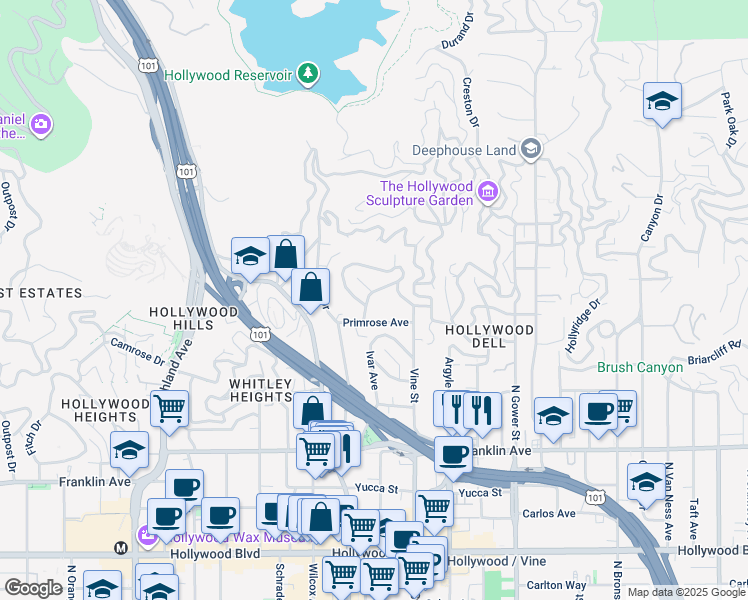 map of restaurants, bars, coffee shops, grocery stores, and more near 2170 Willetta Avenue North in Los Angeles