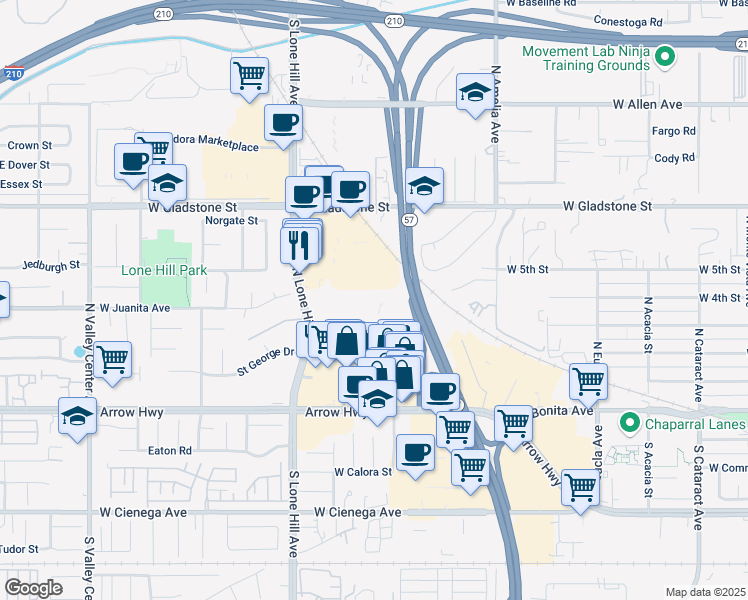 map of restaurants, bars, coffee shops, grocery stores, and more near 955 Overland Court in San Dimas