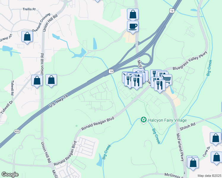 map of restaurants, bars, coffee shops, grocery stores, and more near 1400 McFarland Parkway in Alpharetta