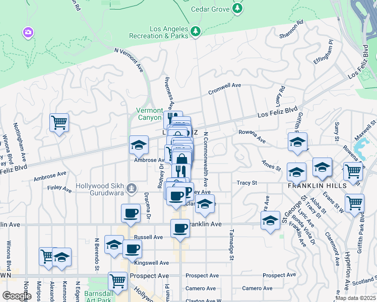 map of restaurants, bars, coffee shops, grocery stores, and more near 4448 Avocado Street in Los Angeles