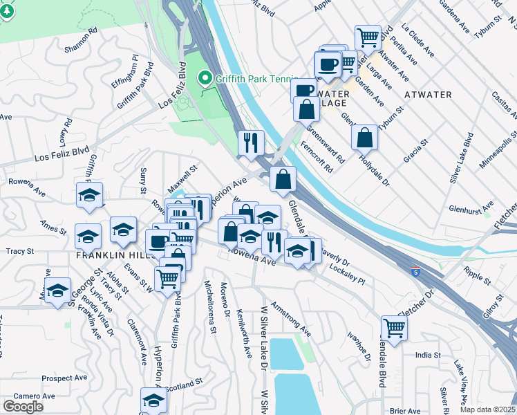 map of restaurants, bars, coffee shops, grocery stores, and more near 2965 Waverly Drive in Los Angeles