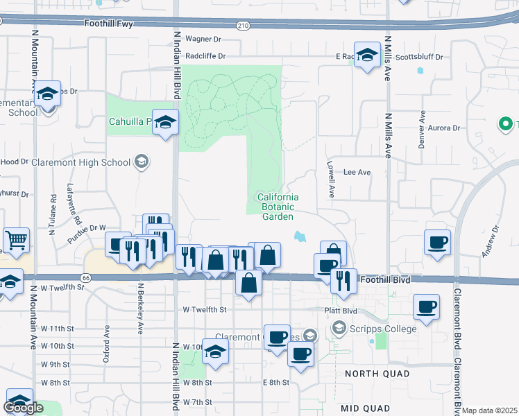 map of restaurants, bars, coffee shops, grocery stores, and more near 1500 North College Avenue in Claremont