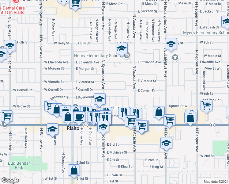 map of restaurants, bars, coffee shops, grocery stores, and more near 343 East Cornell Drive in Rialto