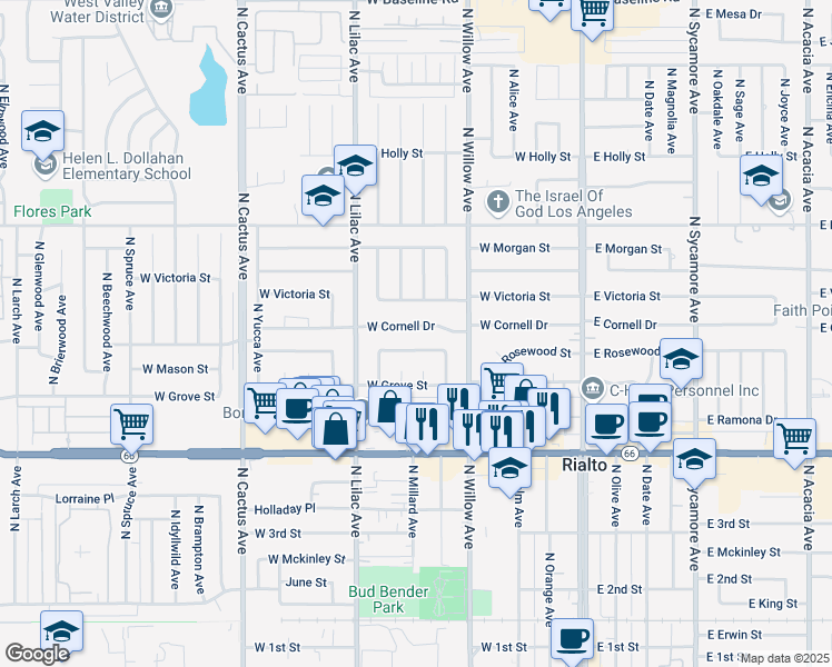 map of restaurants, bars, coffee shops, grocery stores, and more near 375 West Rosewood Street in Rialto