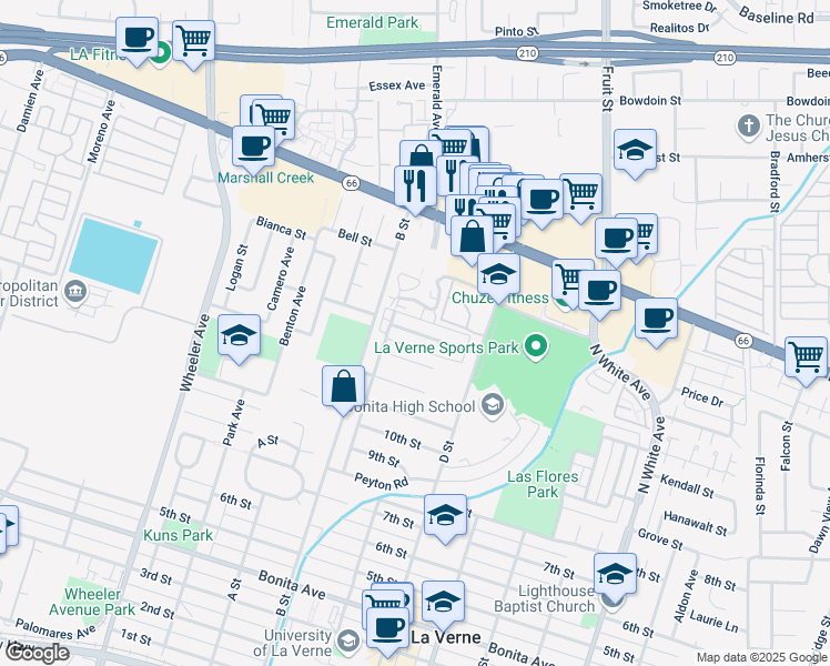 map of restaurants, bars, coffee shops, grocery stores, and more near 1969 Craig Way in La Verne
