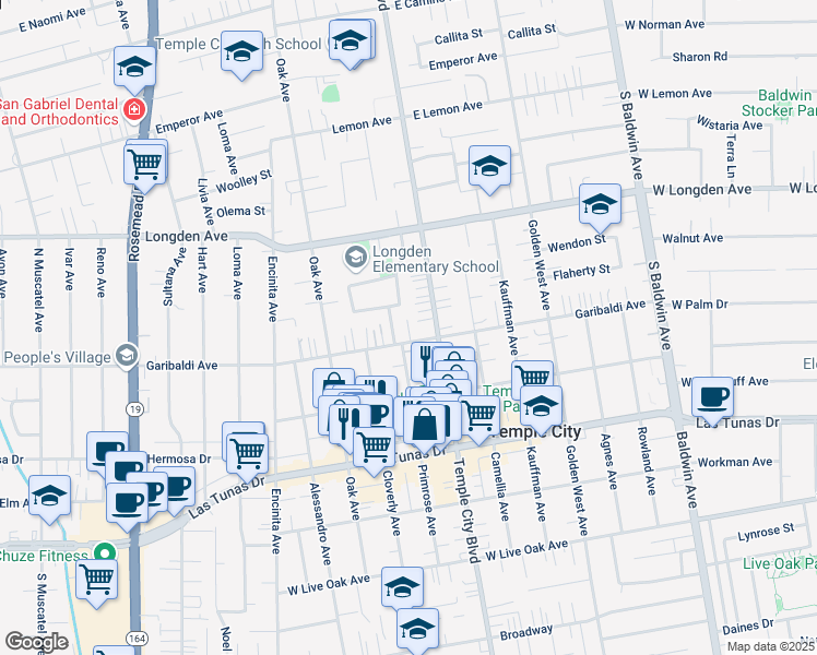 map of restaurants, bars, coffee shops, grocery stores, and more near 6057 Primrose Avenue in Temple City