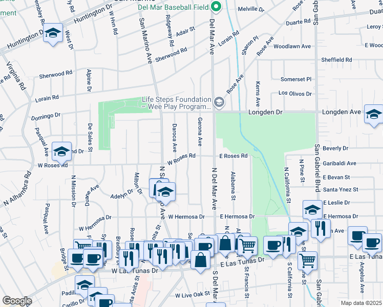 map of restaurants, bars, coffee shops, grocery stores, and more near 465 Gerona Avenue in San Gabriel