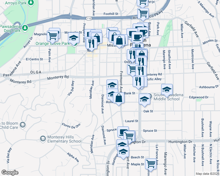 map of restaurants, bars, coffee shops, grocery stores, and more near 1401 Fremont Avenue in South Pasadena