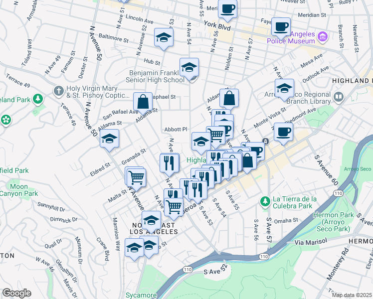 map of restaurants, bars, coffee shops, grocery stores, and more near 327 North Avenue 53 in Los Angeles
