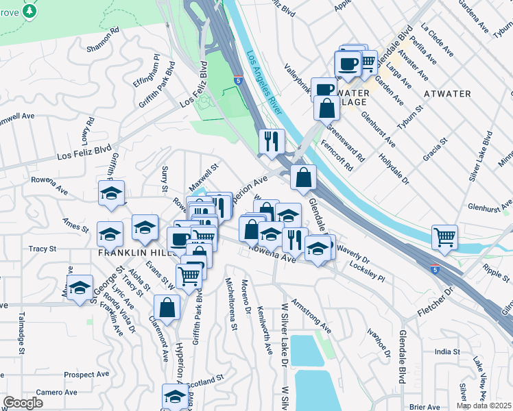 map of restaurants, bars, coffee shops, grocery stores, and more near 2839 1/2 Avenel Street in Los Angeles