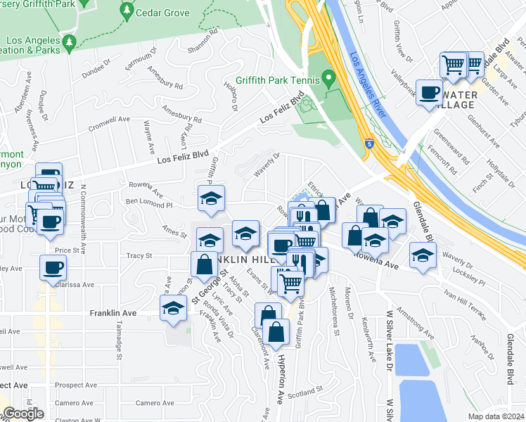 map of restaurants, bars, coffee shops, grocery stores, and more near 3733 Monon Street in Los Angeles