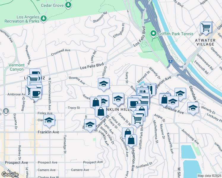 map of restaurants, bars, coffee shops, grocery stores, and more near 3114 Griffith Park Boulevard in Los Angeles