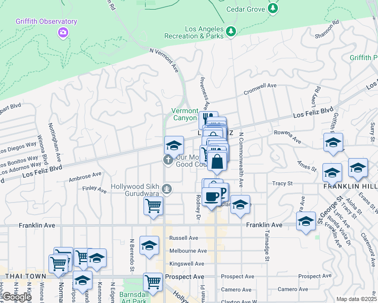 map of restaurants, bars, coffee shops, grocery stores, and more near 4573 Ambrose Avenue in Los Angeles