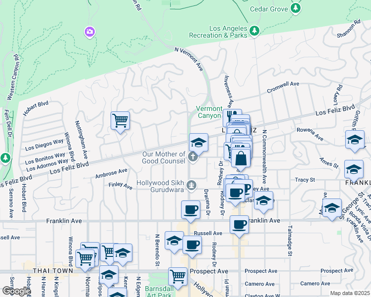 map of restaurants, bars, coffee shops, grocery stores, and more near 4635 Ambrose Avenue in Los Angeles