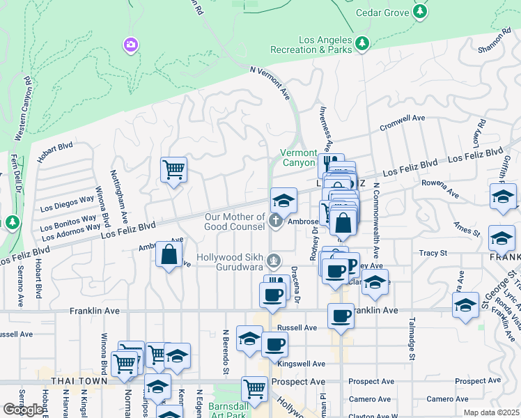 map of restaurants, bars, coffee shops, grocery stores, and more near 4737 Ambrose Avenue in Los Angeles
