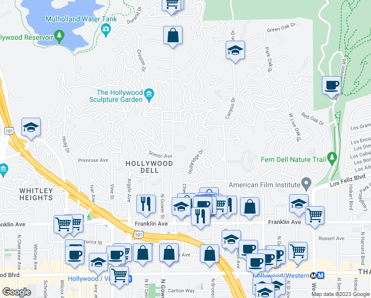 map of restaurants, bars, coffee shops, grocery stores, and more near 2174 Beachwood Terrace in Los Angeles