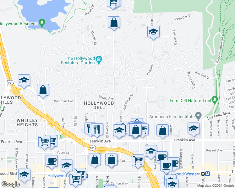 map of restaurants, bars, coffee shops, grocery stores, and more near in Los Angeles