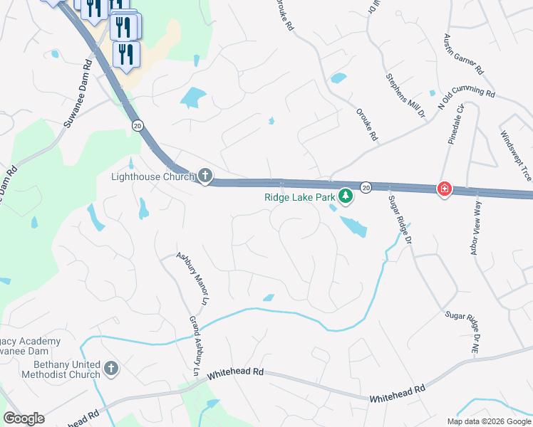 map of restaurants, bars, coffee shops, grocery stores, and more near 613 Mount Albert Way in Buford