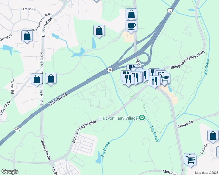map of restaurants, bars, coffee shops, grocery stores, and more near 1400 McFarland Parkway in Alpharetta