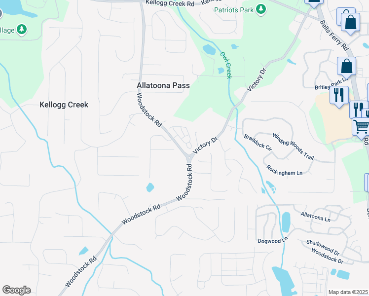 map of restaurants, bars, coffee shops, grocery stores, and more near 302 Bunker Hill Court in Acworth