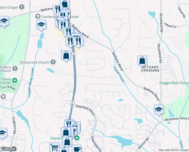 map of restaurants, bars, coffee shops, grocery stores, and more near 520 Astonefield Drive in Alpharetta